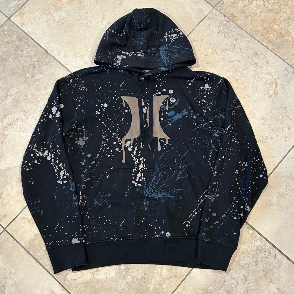 Vintage Hurley Hoodie Mens Small Black Paint Splatter Sweatshirt Surf Wear Y2k